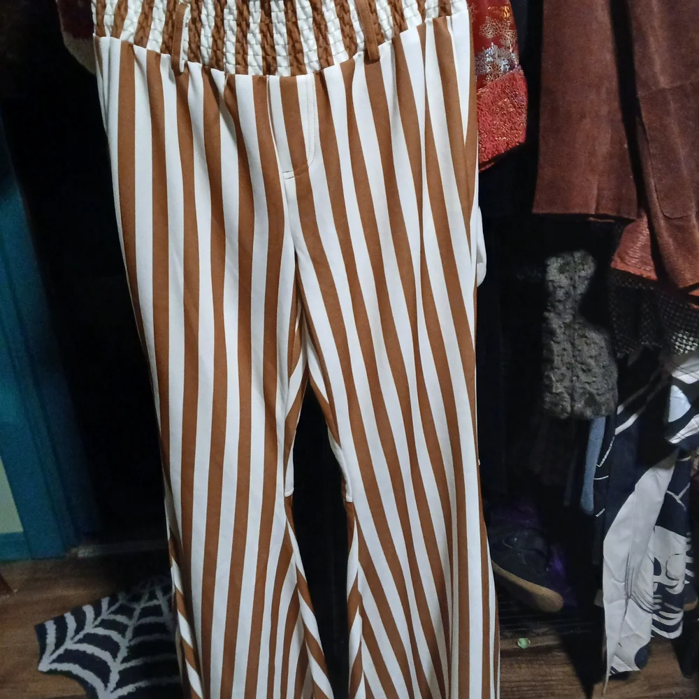 Chic Striped Bell Leg Pants in Brown and White - Picture 1 of 3